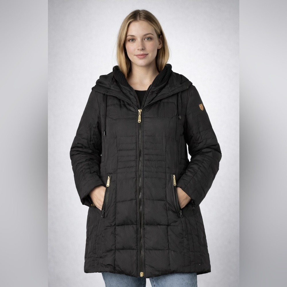 Vince Camuto Womens M Black Quilted Down Puffer Coat Hooded Long Winter Parka